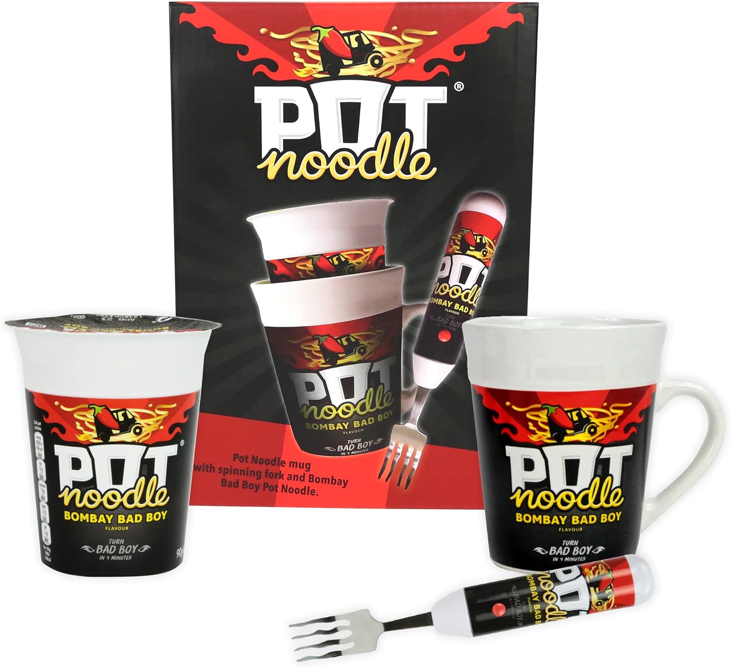 Pot Noodle Spinning Fork & Mug Gift Set - Fun Novelty Gifts for Men, Women, Teenage Boys, Girls & Students - with Bombay Bad Boy Pot Noodle (90 grams)