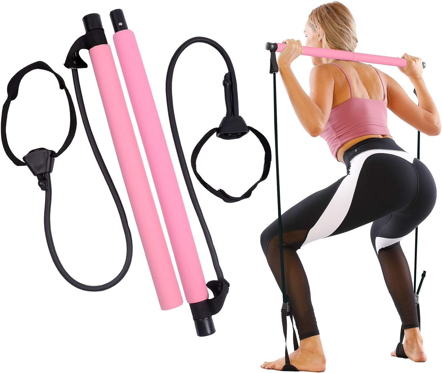 GLKEBY Pilates bar kit,with adjustable resistance band portable pilates exercise bar stick for stretching, yoga, shaping,exercise,Sit-ups,lose weight