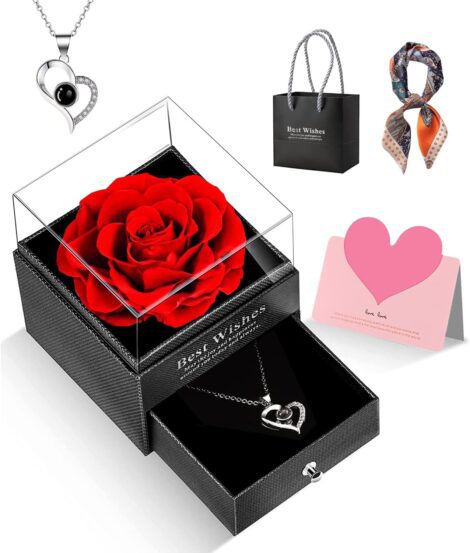 Eternal Rose Flower with I Love You Necklace – Perfect Birthday Gift for Her.