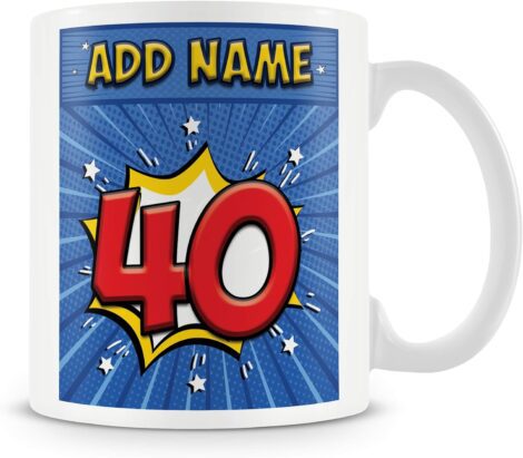 Customized 40th birthday mug for men in a fun comic-style design with blue color option.