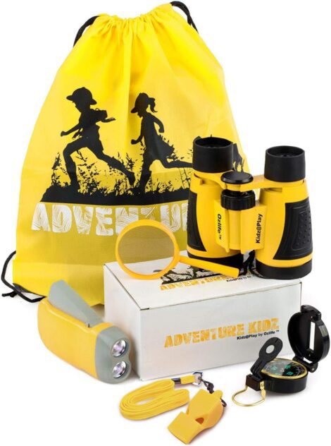 Outdoor Explorer Kit: Yellow Backpack with Binoculars, Magnifying Glass, Compass, Torch, and Fox Whistle