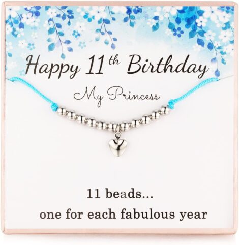 11th Birthday Girls Silver Beads Bracelet: 11 Beads, Heart Pendant Hand-Woven, Ideal Jewelry Gift.