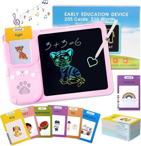 Learning toys for 2+ year old kids, including flash cards and a writing tablet for speech development.
