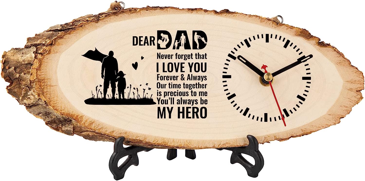 Fathers Day Birthday Gifts for Dad from Daughter Son, Tulolvae 12x4 Inch Log Clock Dad Birthday Gifts, Battery Operated Wall Clock Suitable for Living Room Bedroom Office, Unique Dad Gifts