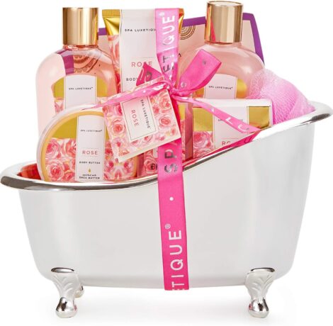 Spa Luxetique Rose Bath Gift Set: Pamper and Nourish, 8pcs with Lotion, Butter, Bombs. Ideal Christmas or Birthday Gifts.