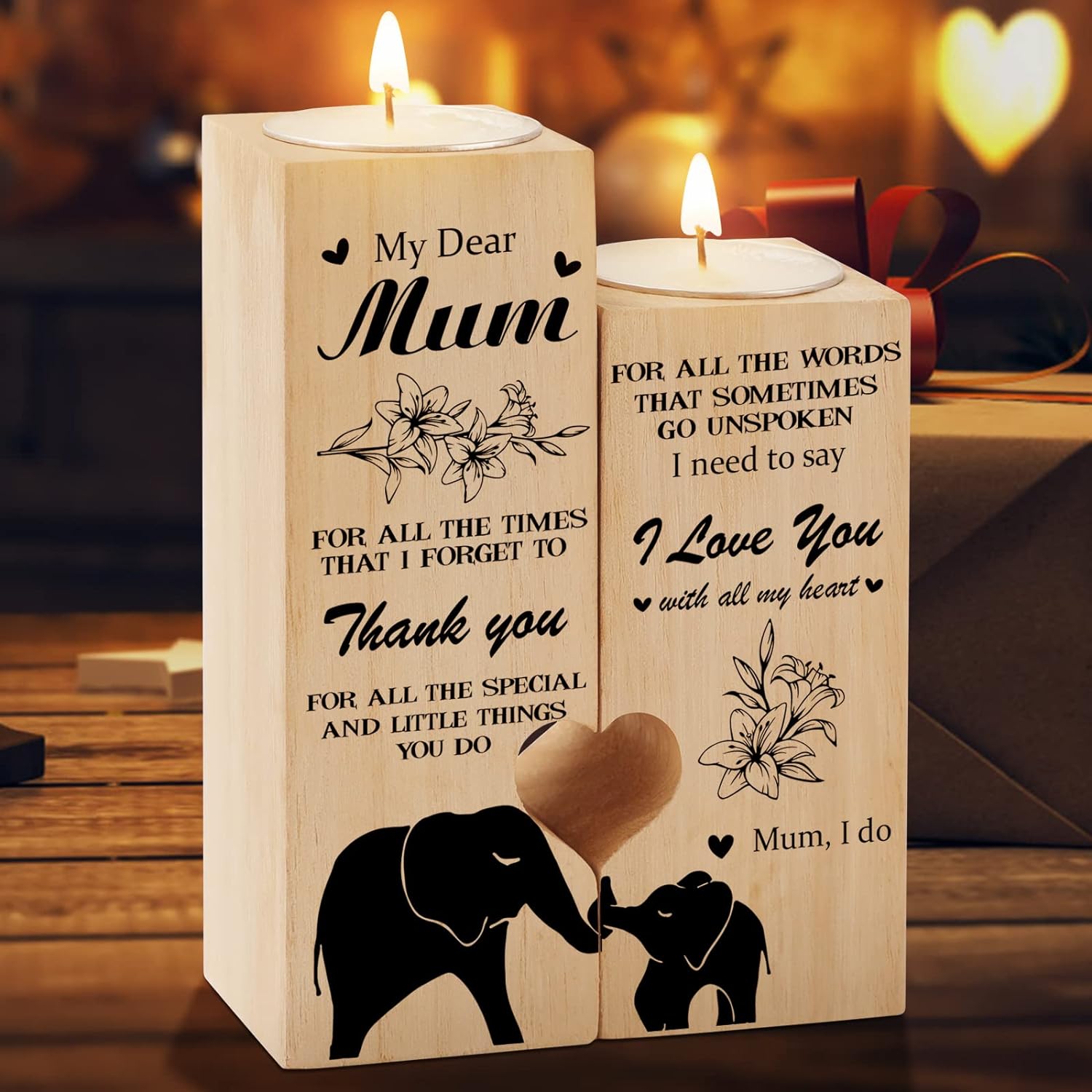 Gifts for Mum Wooden Candle Holders, Mum Birthday Gifts Heart Shaped Candle, Mothers Day, Presents for Mum/Mummy from Daughter Son (mum-1)