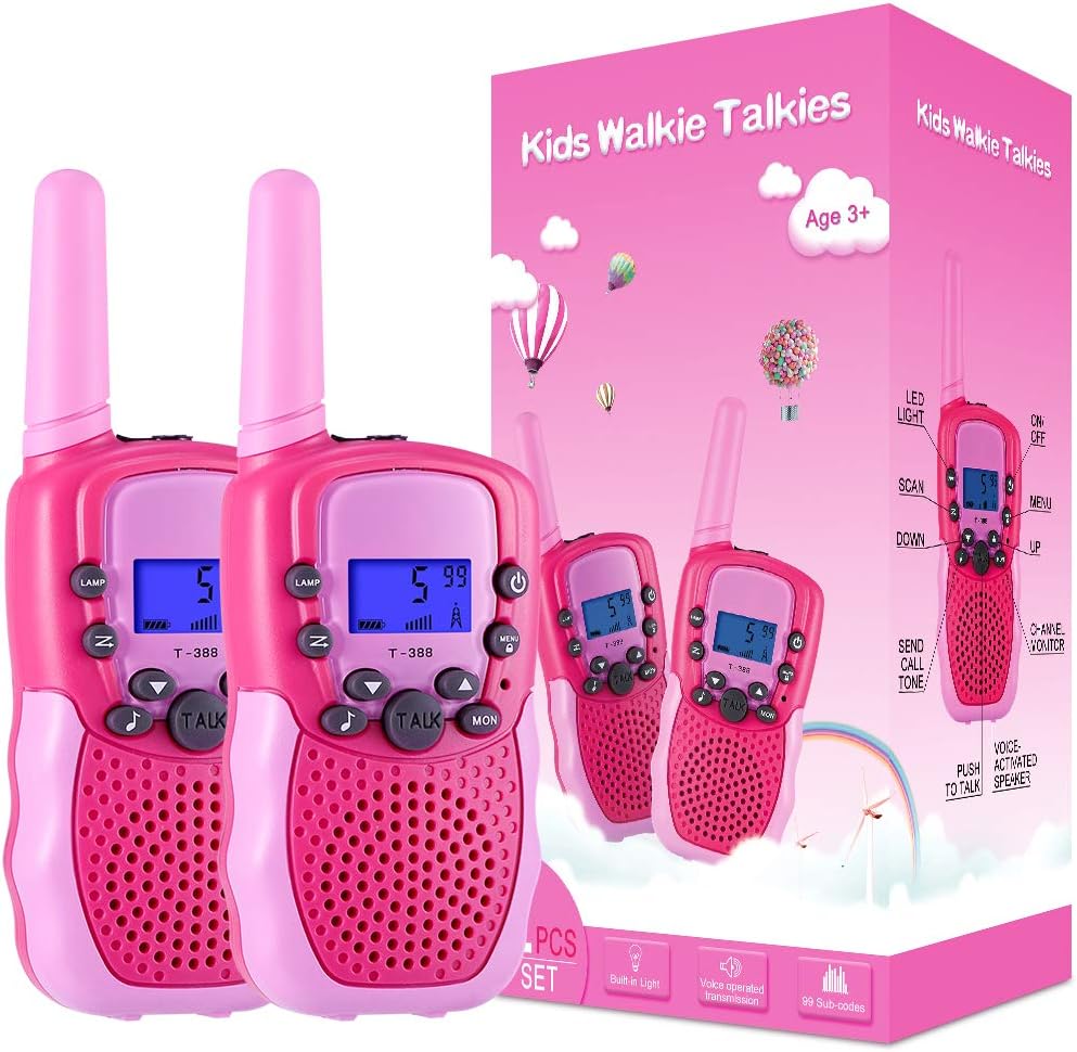 Kearui Toys for 3-12 Years Old Boys, Kids Walkie Talkie for Girls 8 Channels 2 Way Radio with VOX Function & LED Flashlight, 3 Miles Range for Outside Adventures, Camping, Hiking (Pink)