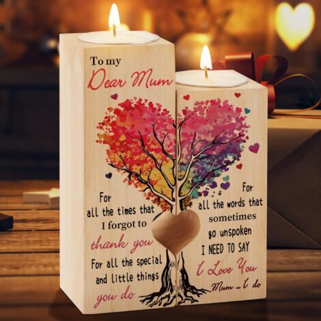 Wooden heart candle holder for Mum, engraved gift for Mother’s Day, Christmas, Thanksgiving, from children.