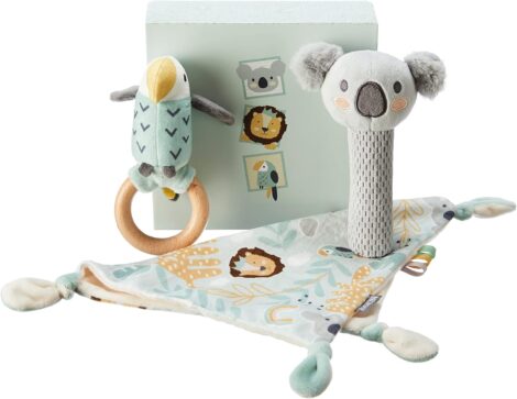 Nuby Baby Gift Set – Animal Adventures, 3-pieces with Comforter, Squeaker & Rattle, includes Gift Box. Suitable from Birth.