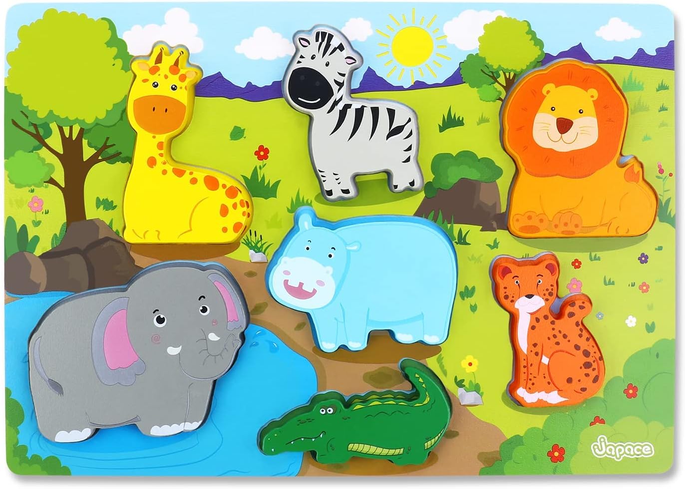 Japace Wooden Jigsaw Puzzles for Toddlers, Safari Animal Wooden Puzzles for 1 2 3 Year Olds, Preschool Educational Montessori Wooden Toys 1st Birthday Gift for Girl or Boy