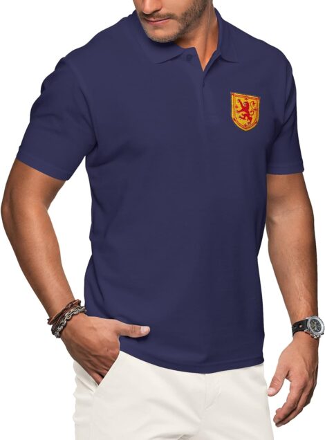 Scotland Retro Supporters Rugby Polo Shirts: Royal Lion Rampant Crest Badge, Cotton, Purple Print House