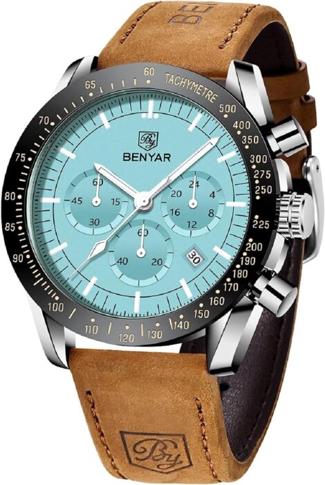 BY BENYAR Men’s Chronograph Quartz Watch, Waterproof, Luminous Big Face, Designer Dress Wristwatch.