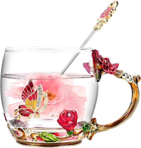 Mum’s Gifts: Butterfly Flower Enamel Mug, Glass Mugs with Spoon – Perfect for Christmas, Birthdays, and more.