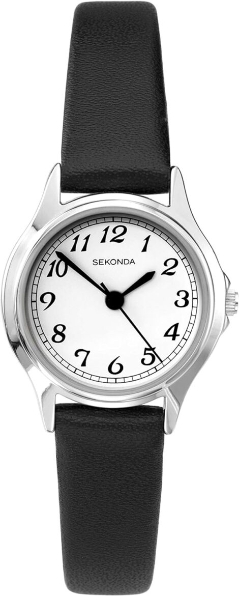 Sekonda Easy Read Ladies Quartz Watch with White Dial and Black Strap.