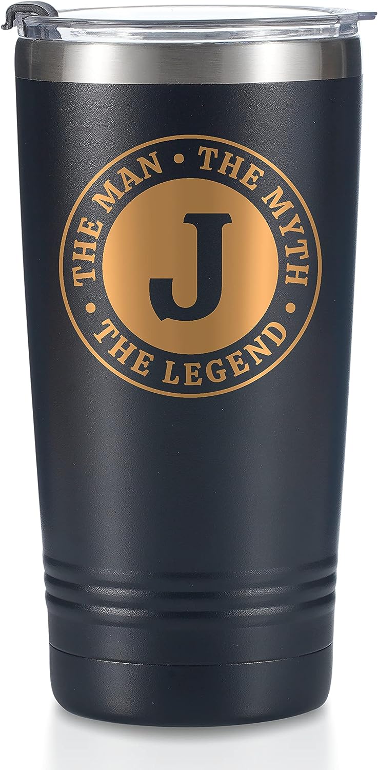 Onebttl The Man The Myth The Legend Mug with Initial J, Monogrammed Stainless Steel Travel Tumbler for Men, Funny Personalised Coffee Cup, Custom Birthday Christmas Gifts for Him, 20 oz