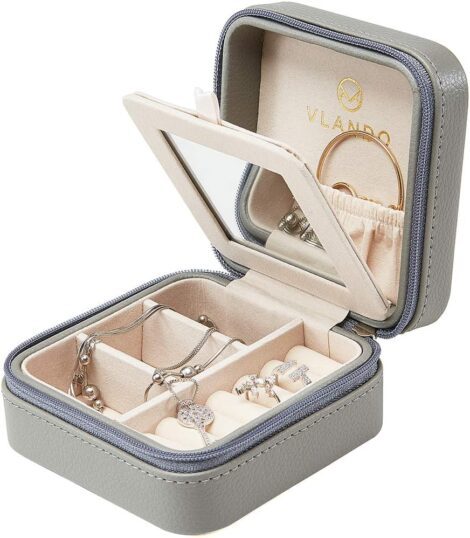 Grey Vlando Travel Jewellery Box: Compact Faux Leather Storage Gift Case for Women and Girls.