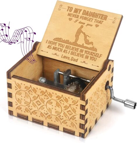 Wooden music box for daughter with laser engraving, a heartfelt gift from dad on special occasions.