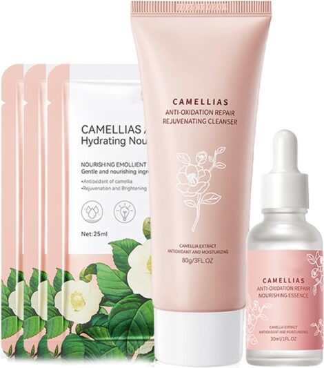 Teenage girls’ skincare gift set with Camellia Extract, 5PCS. Cleanser, mask, serum, 3PCS. Beauty gift set for hydrated, refreshed, elastic skin.