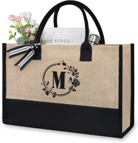 TOPDesign Personalized Initial Jute/Canvas Tote Bag – Perfect gift for women, teachers, bridesmaids. Ideal for special occasions.