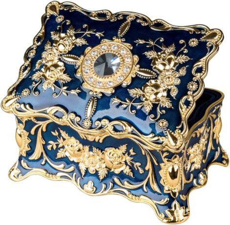 Feyarl Vintage Two-Layer Jewelry Box – Blue, 7.1 x 4.7 x 3.1 inches