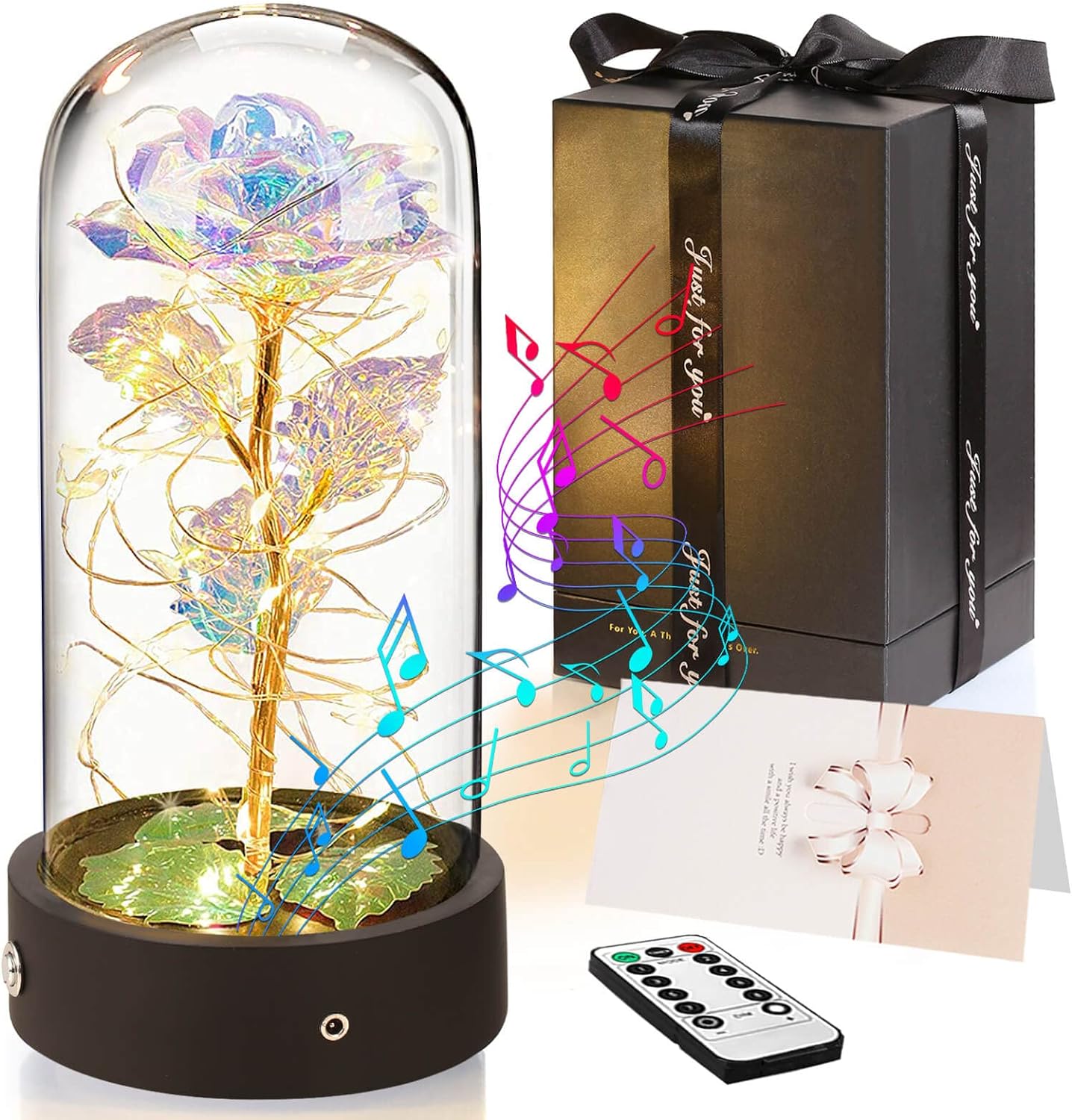 Birthday Gifts for Her, Beauty and the Beast Colorful Rose Music box, Eternal Rose Flower Gifts for Women Mum Girlfriend Wife with LED Lights, Glass Rose Christmas Anniversary Mothers Day Presents