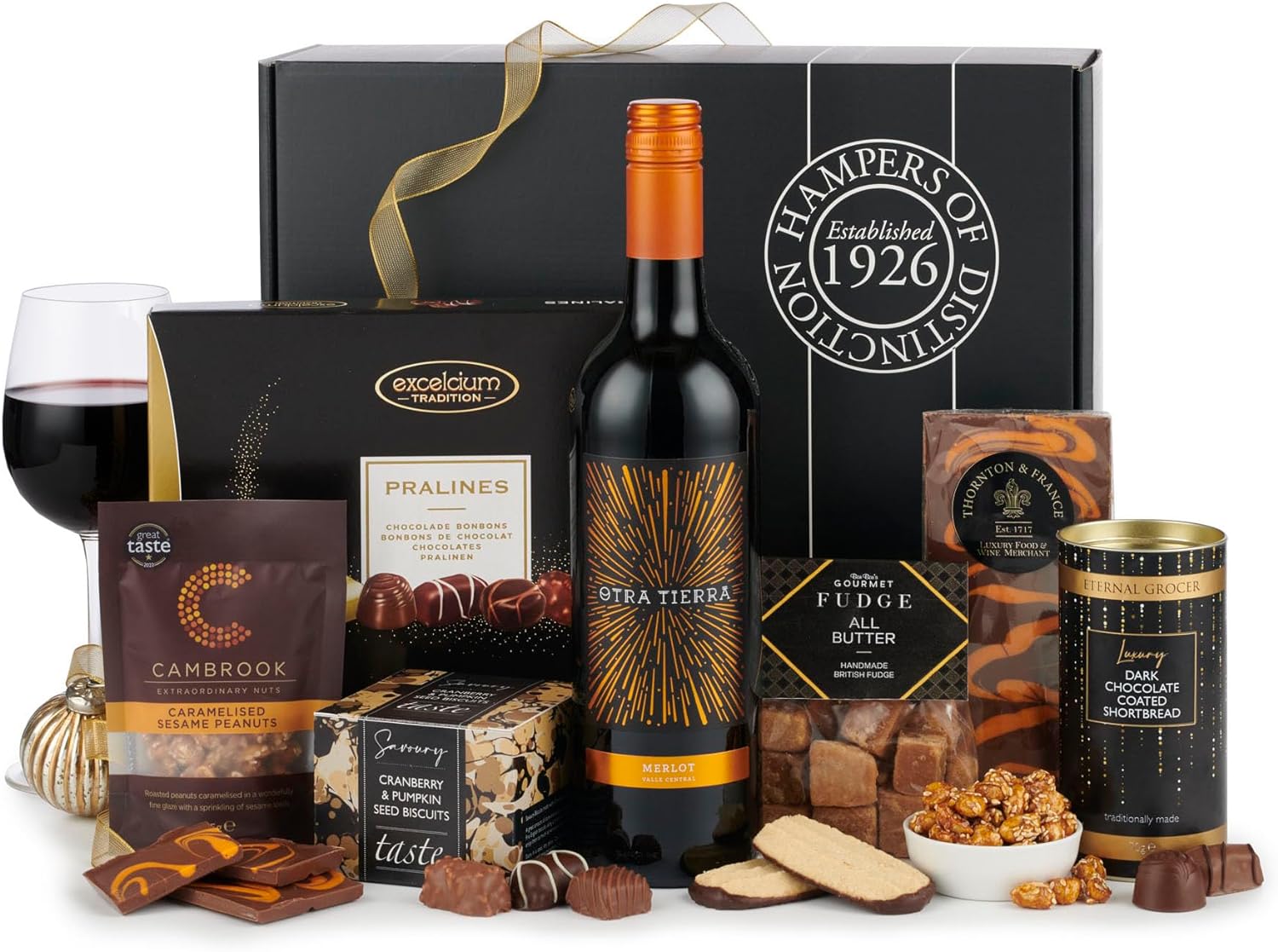 Thornton & France ‘The Celebration’ Red Wine Hamper With Nibbles | Luxury Food Hamper With Alcohol & Snacks Gift | For Him Her Or Couples | 7 Delicious Items