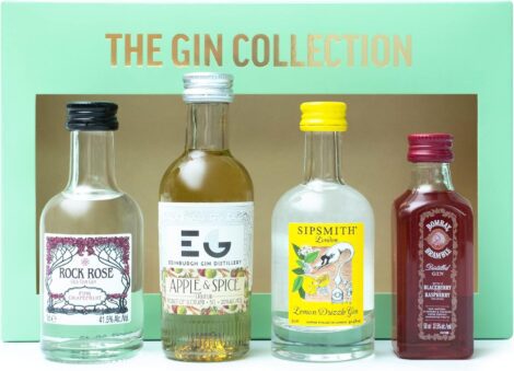 Gin Gift Set – Flavoured Miniatures: Edinburgh Apple & Spice, Bombay Bramble, Sipsmith Lemon, Rock Rose Pink Grapefruit. Perfect Gin Gifts for Everyone.