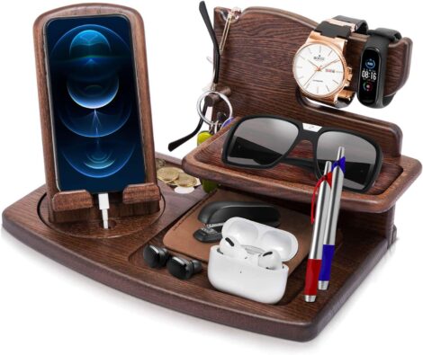 Christmas Gifts for Him – Rotating Wooden Docking Station: Ideal Bedside Organizer for Men, Husband, Boyfriend, and Dad.