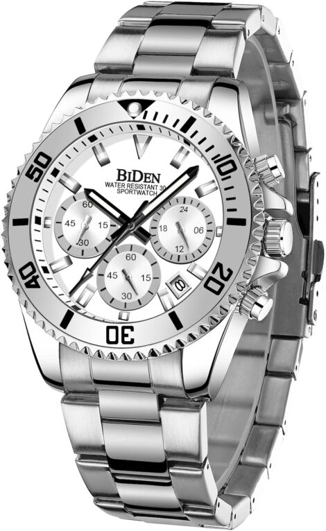 BIDEN Chronograph Stainless Watch: Date Analog Quartz, Waterproof, Business Casual – Fashionable Men’s Wristwatch.