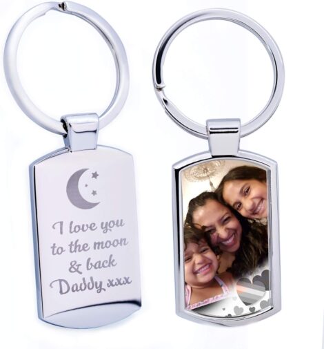 Custom engraved photo keyring for personalized keepsake gift for parents on Mother’s Day or Father’s Day.