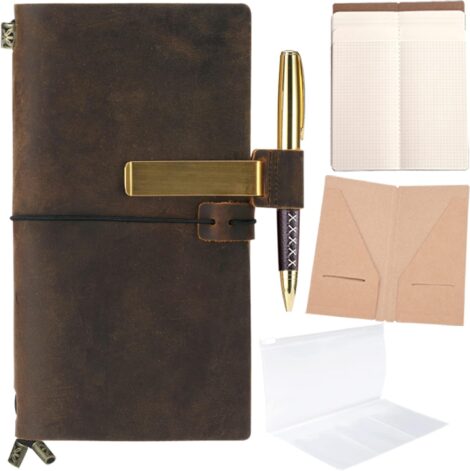 Compact Leather Journal, Reusable Travellers Notebook, Handcrafted Leather Travel Journal, Vintage Diary TN + Sketch Pen.