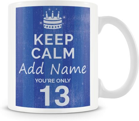 Customizable blue mug for boys’ 13th birthday celebration with “Keep Calm” design.