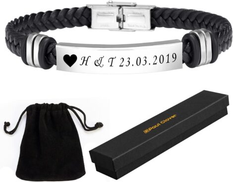 Customizable men’s leather and silver bracelets with gift box and pouch, perfect for gifting.