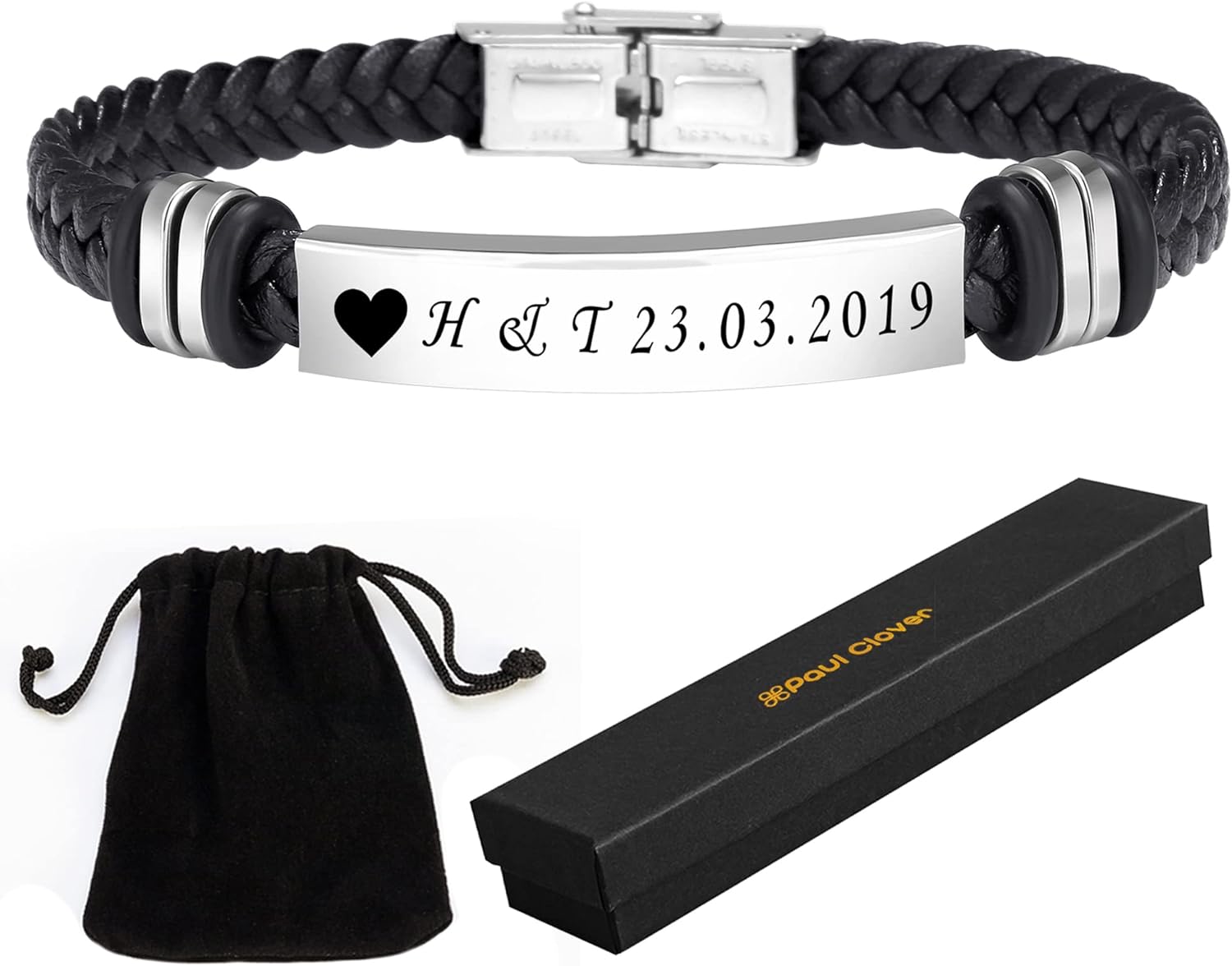 Personalised Mens Leather Bracelets with Gift Box and Velvet Pouch | Personalised Silver Bracelets for Men, Mens Bracelets Leather Customised Gifts for Husband Boyfriend Brother Dad Bracelet