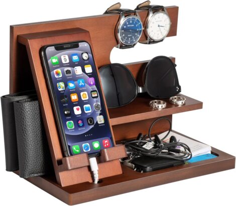 Wooden phone docking station with key holder, wallet stand—perfect anniversary, birthday, or Christmas gift for him.