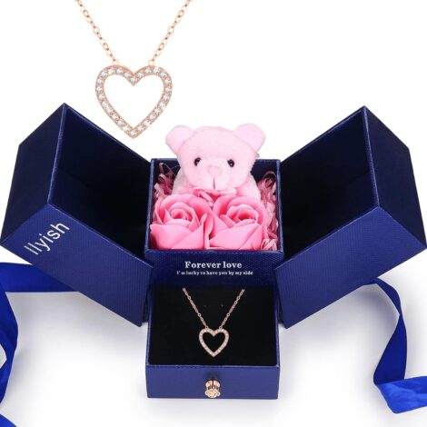 Artificial rose flower gift box with heart necklace for women on special occasions.