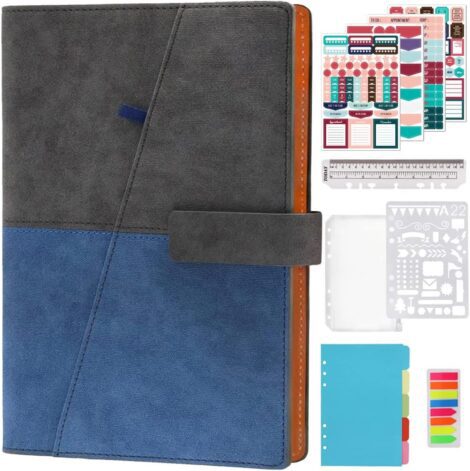 Blue HXRTANGS A5 Refillable Notebook with Pen Holder, 160 Pages, Business Planner for Travelers, Students.