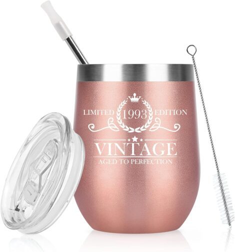 Livole 1993 Birthday Wine Tumbler – Stainless Steel Insulated Glass with Lid and Straw, 12oz, Rose Gold