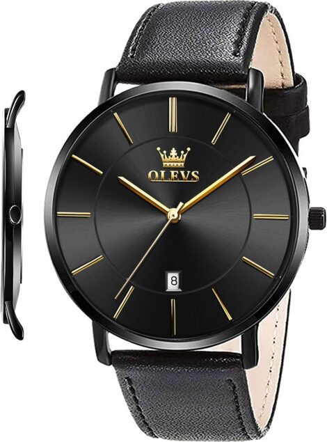 Thin 6.5mm Waterproof Business Dress Watch with Date & Leather Strap for Men.