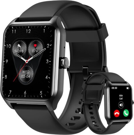 Call answering and fitness monitoring smartwatch with 1.8″ display, blood oxygen/heart rate/sleep tracking. IP68 waterproof, 100+ sports modes. Compatible with iPhone and Android. Ideal gift.