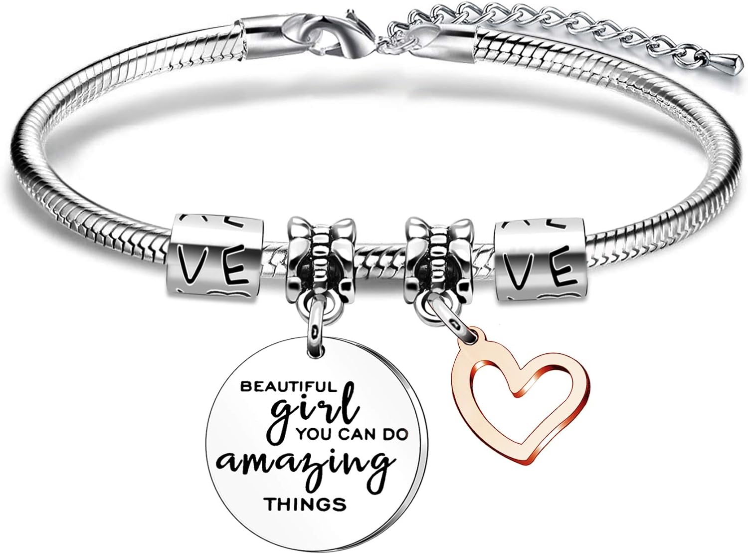 Women Girls Gift, Beautiful Girl You Can Do Amazing Things Pendant Bracelet Inspirational Charm Bracelet for Families Friends