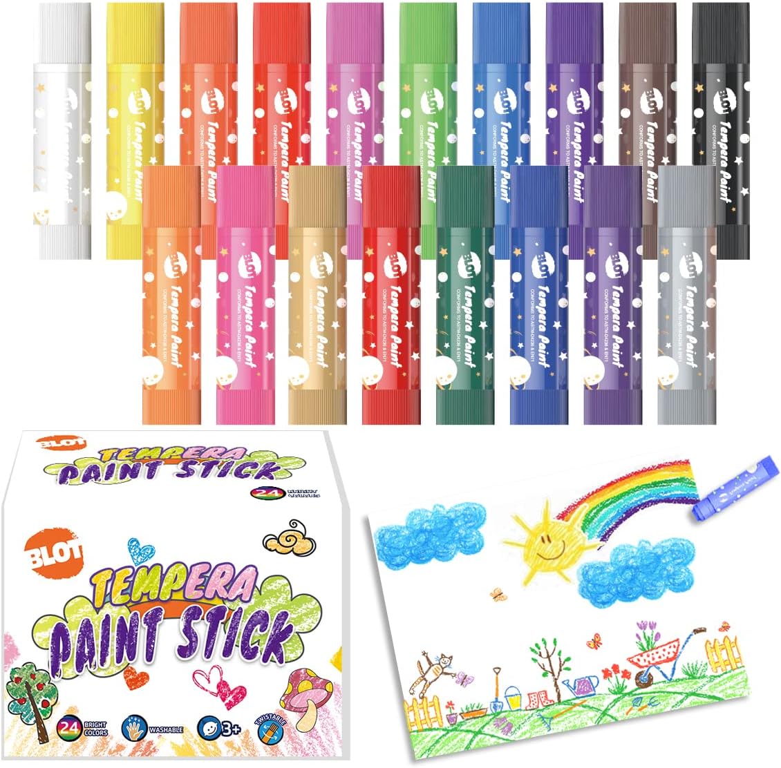 BLOT Tempera Paint Sticks for Kids 18 Colors Washable Crayon Paint Sticks Non Toxic Solid Tempera Paint for Teens Toddlers Adults Gifts, Quick Drying & Mess Free