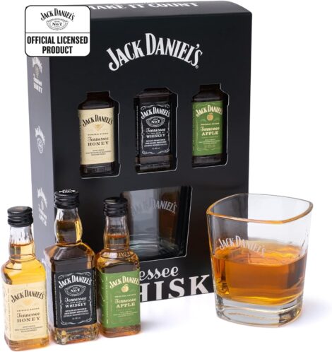 Jack Daniels 3x 5cl Honey, Apple, JD Whiskey Gift Set – Whisky Tasting Glass. Ideal gifts for men.