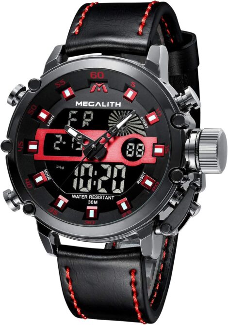 MEGALITH Men’s Digital Analog Sports Watch – Waterproof, LED Display, Stopwatch, Alarm, Calendar