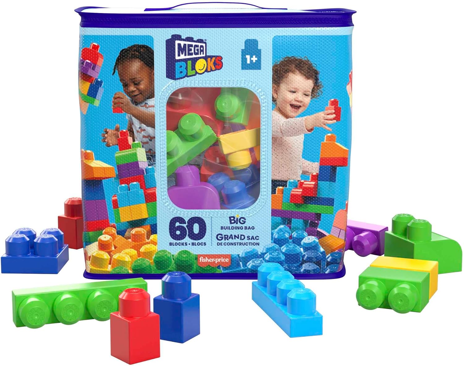 MEGA BLOKS Big Building Bag building set with 60 big and colorful building blocks, and 1 storage bag, toy gift set for ages 1 and up, DCH55