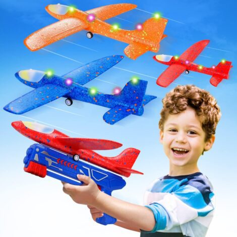 Toy Airplane Launcher with Foam Glider Planes – Boys’ Gifts for Ages 3-6, Outdoor Flying Game.