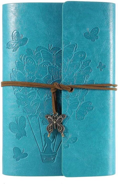 Blue Leather Journal Notebook, 13×18.5 cm, Refillable Spiral Diary, Women’s Gift with Embossed Pendants.