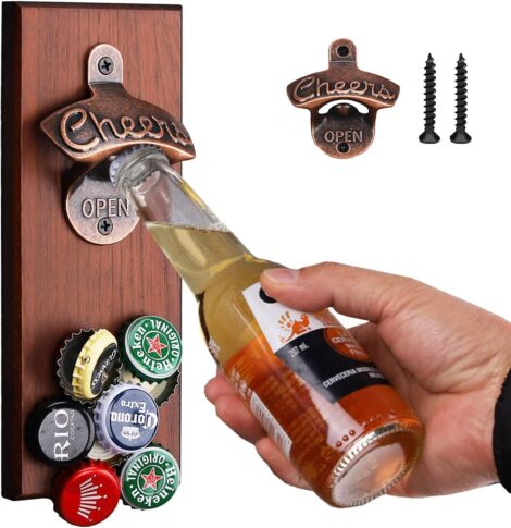 Wall-mounted beer bottle opener with magnetic catcher, ideal gift for men, home bar gadget, birthday present.