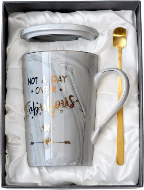 Fabulous Gold Printed Mug for Wife’s Birthday, 14Oz Grey Marble Coffee Set.