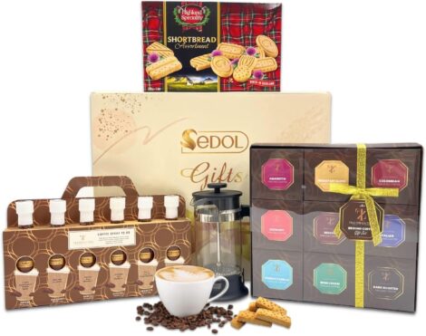 Coffee Lover’s Christmas Hamper: Flavoured Ground Coffee, Syrup, Shortbread, French Press & More